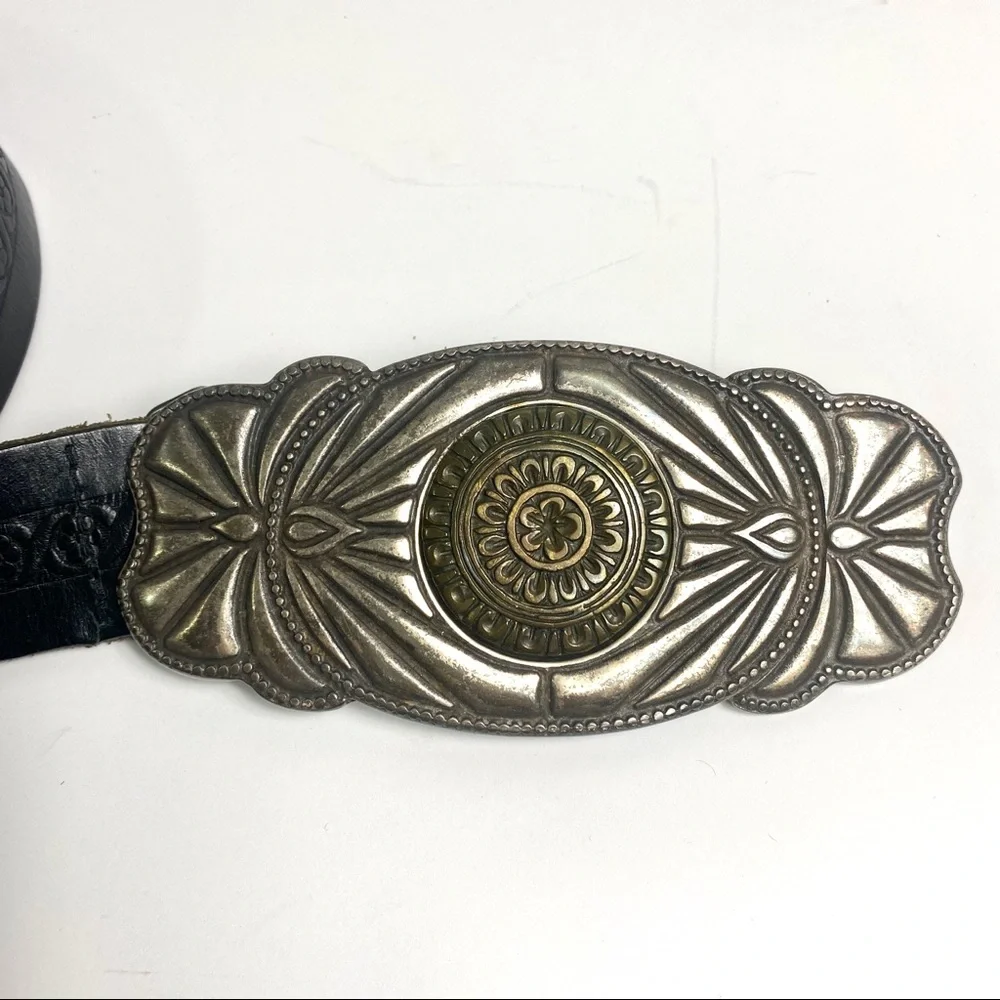 Vintage-Style Black Leather Belt with Ornate Silver-Tone Buckle